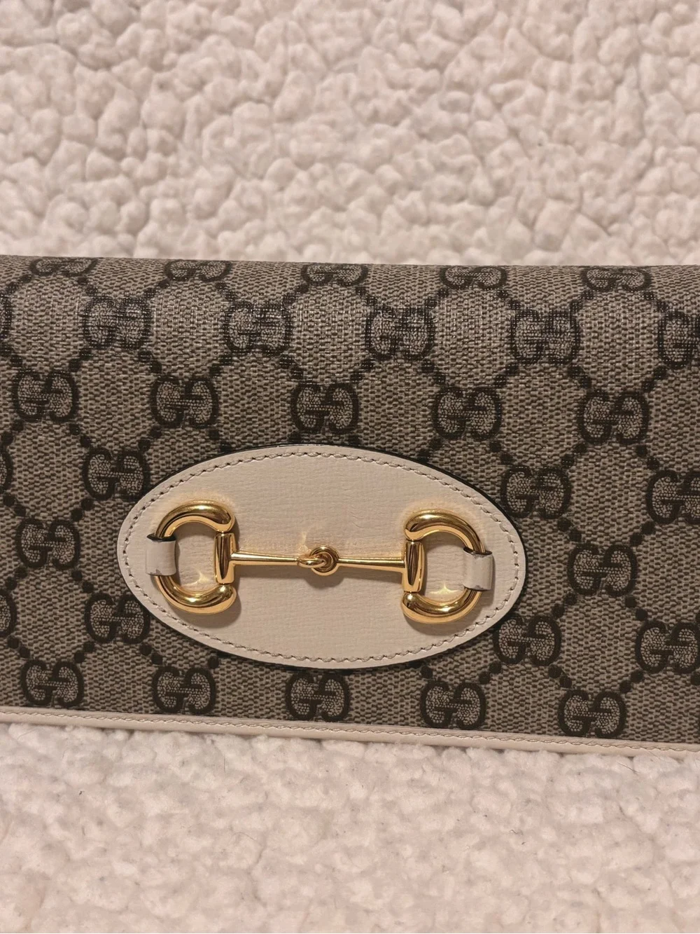 Gucci Beige GG Supreme Crossbody with White Leather Trim and Gold Chain